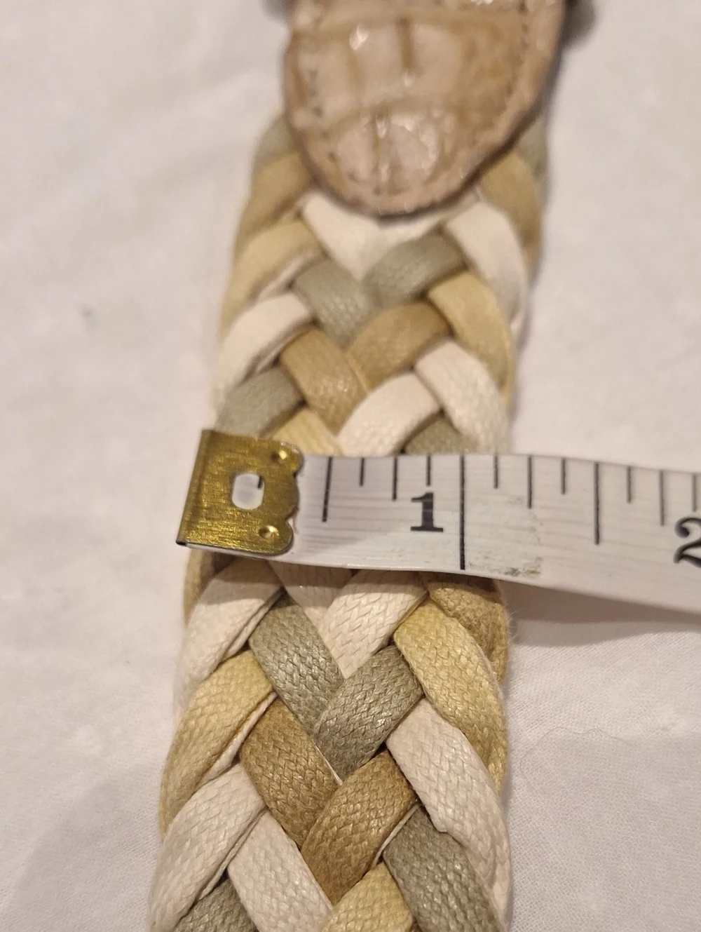 Braided Leather Weave With Solid Brass Buckle Belt - Beige White